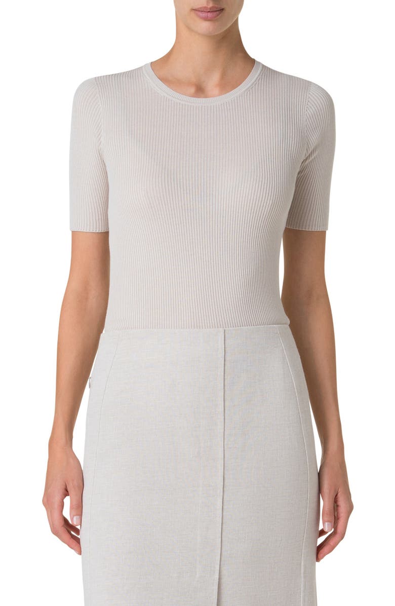 Akris Short Sleeve Silk & Cotton Rib Sweater, Main, color, Greige