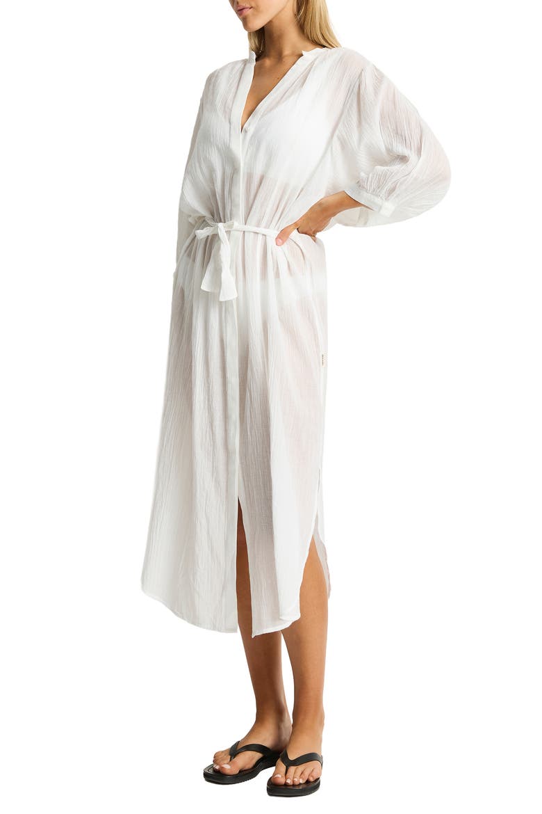 Salt Boho Semisheer Cotton Cover-Up Shirtdress, Alternate, color, WHITE
