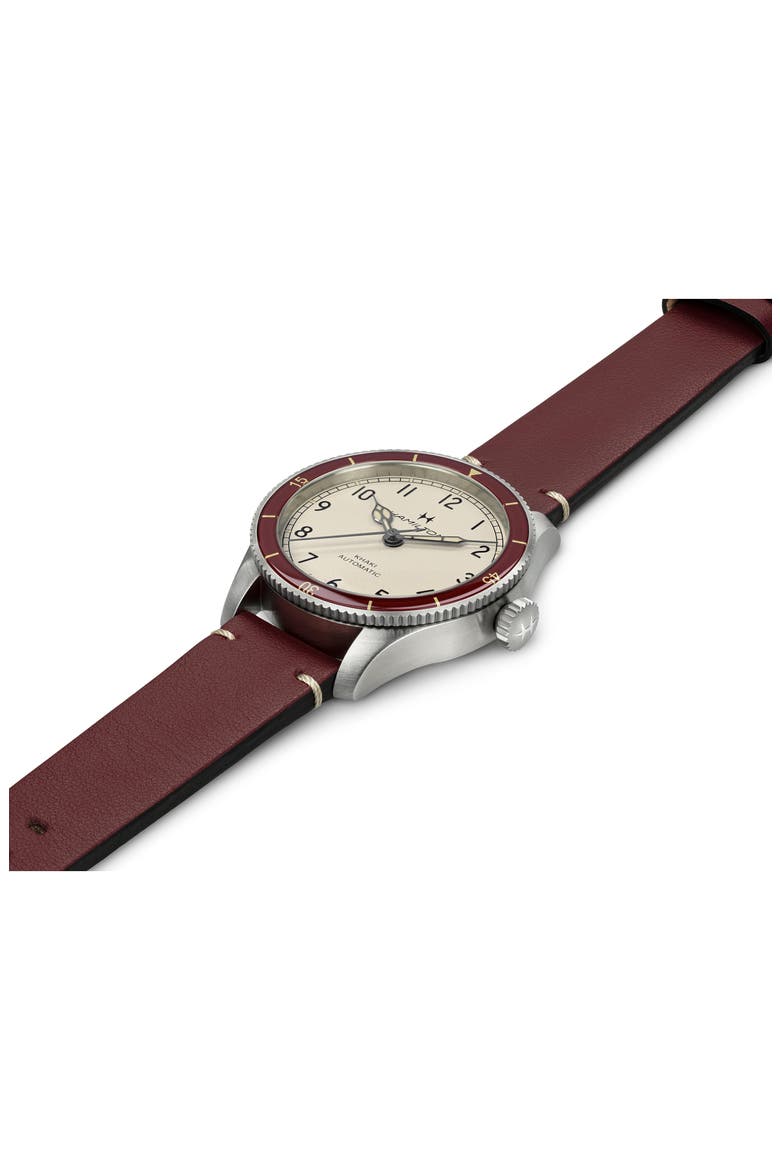 Khaki Aviation Leather Strap Watch, 38mm, Alternate, color, WHITE / RED