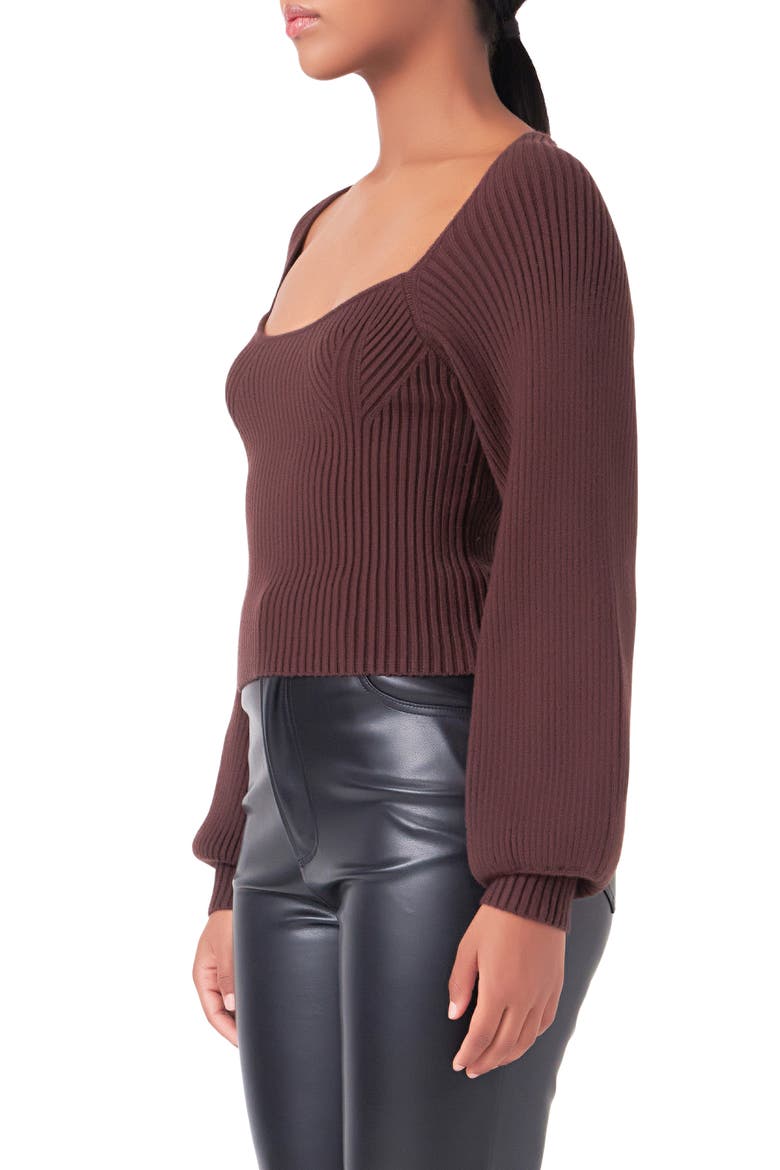Ribbed Bishop Sleeve Top, Alternate, color, CHOCOLATE