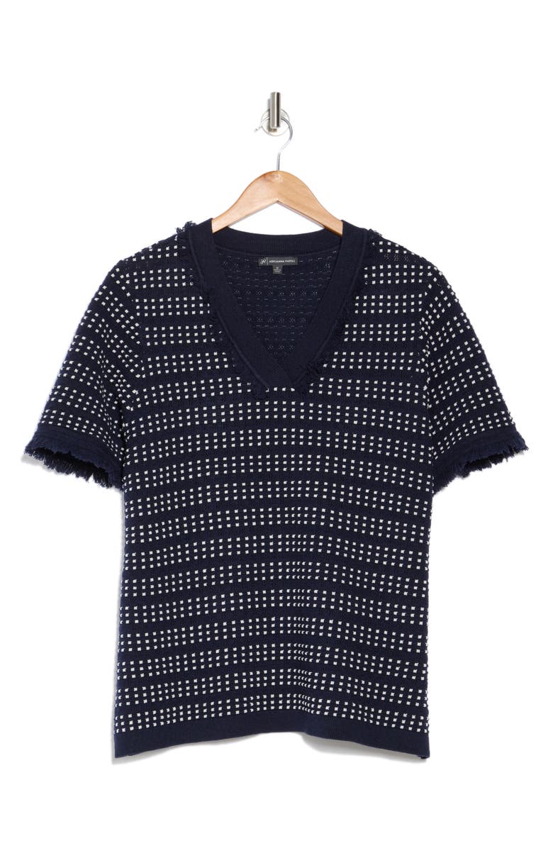 Adrianna Papell Fringe Trim Short Sleeve Crop Sweater, Alternate, color, Navy/ Ivory