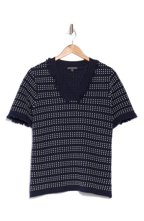Adrianna Papell Fringe Trim Short Sleeve Crop Sweater In Blue