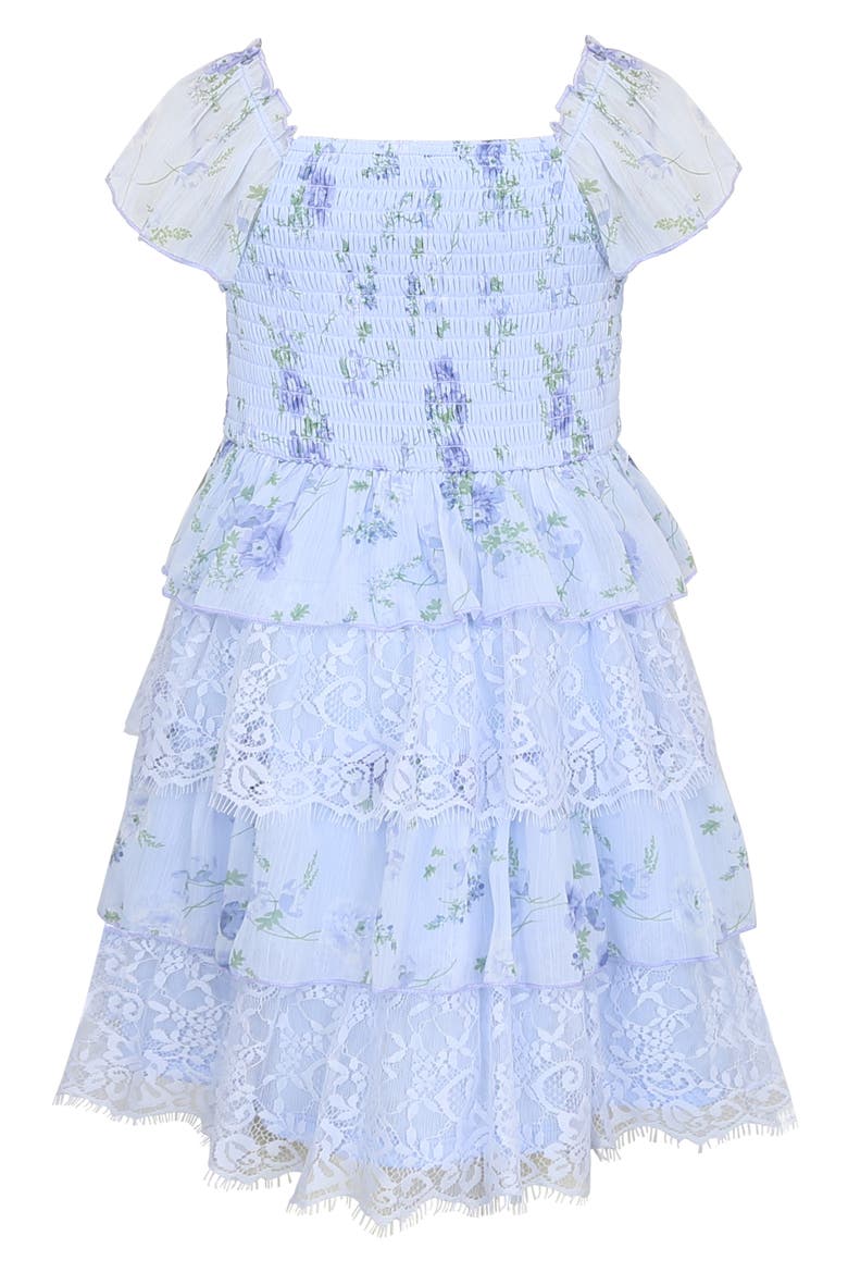Kids' Floral Chiffon & Lace Tiered Dress, Alternate, color, BLUE