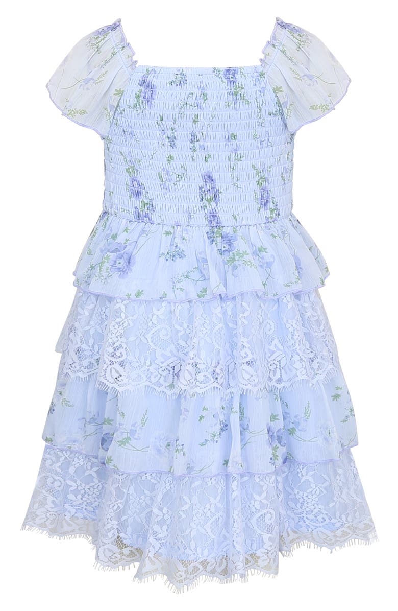 Zunie Kids' Floral Chiffon & Lace Tiered Dress, Alternate, color, Blue