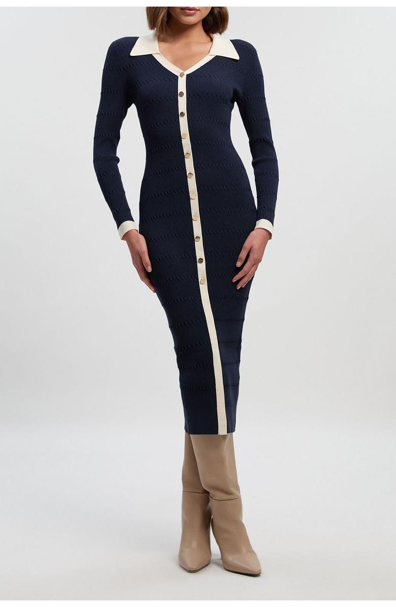 Karen Millen Rib Contrast Button Knit Midi Dress, Alternate, color, Navy