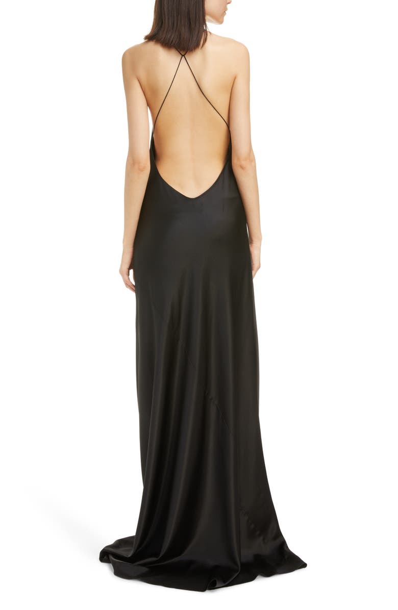 Saint Laurent Plunge Neck Open Back Silk Gown, Alternate, color,