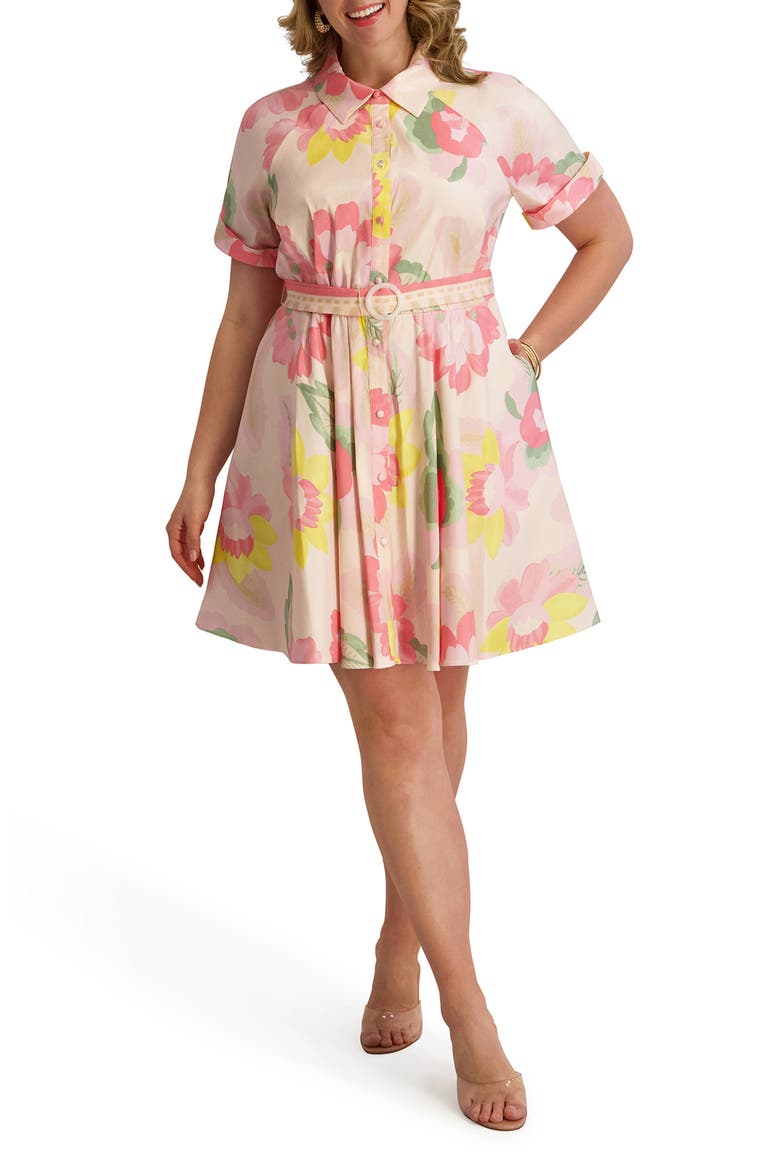 Floral Short Sleeve Taffeta Fit & Flare Shirtdress, Main, color, BLUSH MULTI