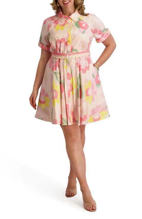Floral Short Sleeve Taffeta Fit & Flare Shirtdress
