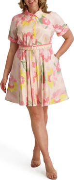 Kensie Floral Short Sleeve Taffeta Fit & Flare Shirtdress