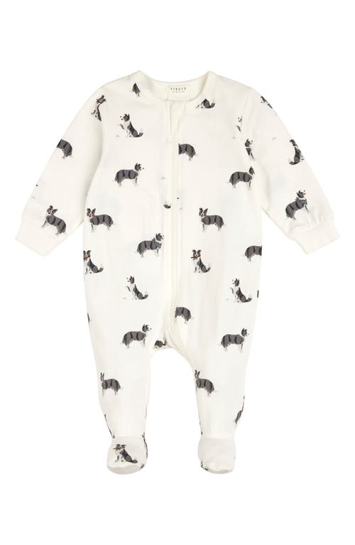 FIRSTS by Petit Lem Australian Shepherd Print Cotton Footed One-Piece Pajamas in Off White 