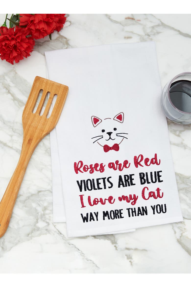 "I Love My Cat" Whiskers Embroidered 100% Cotton Flour Sack Valentine's Day Dishtowel, Alternate, color, red