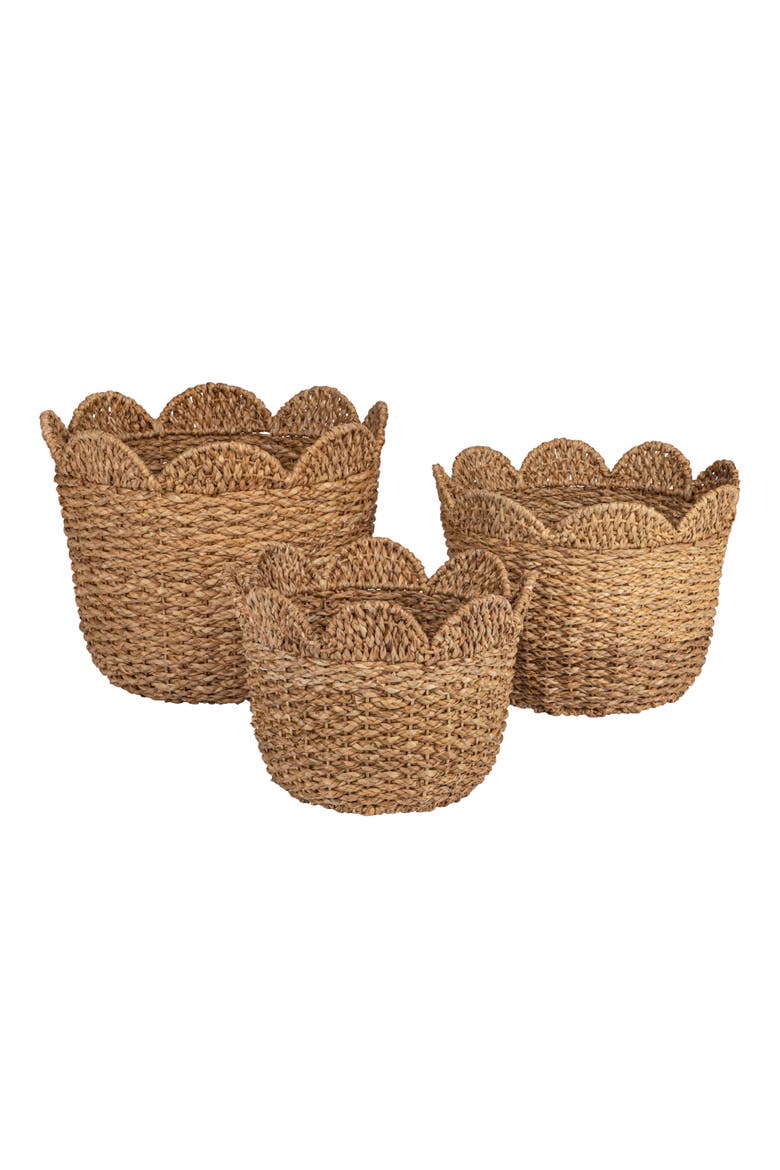 Braided Bankuan and Rattan Baskets with Scalloped Edge, Natural, Set of 3, Main, color, Natural