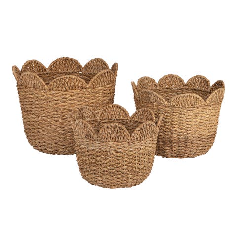 Braided Bankuan and Rattan Baskets with Scalloped Edge, Natural, Set of 3