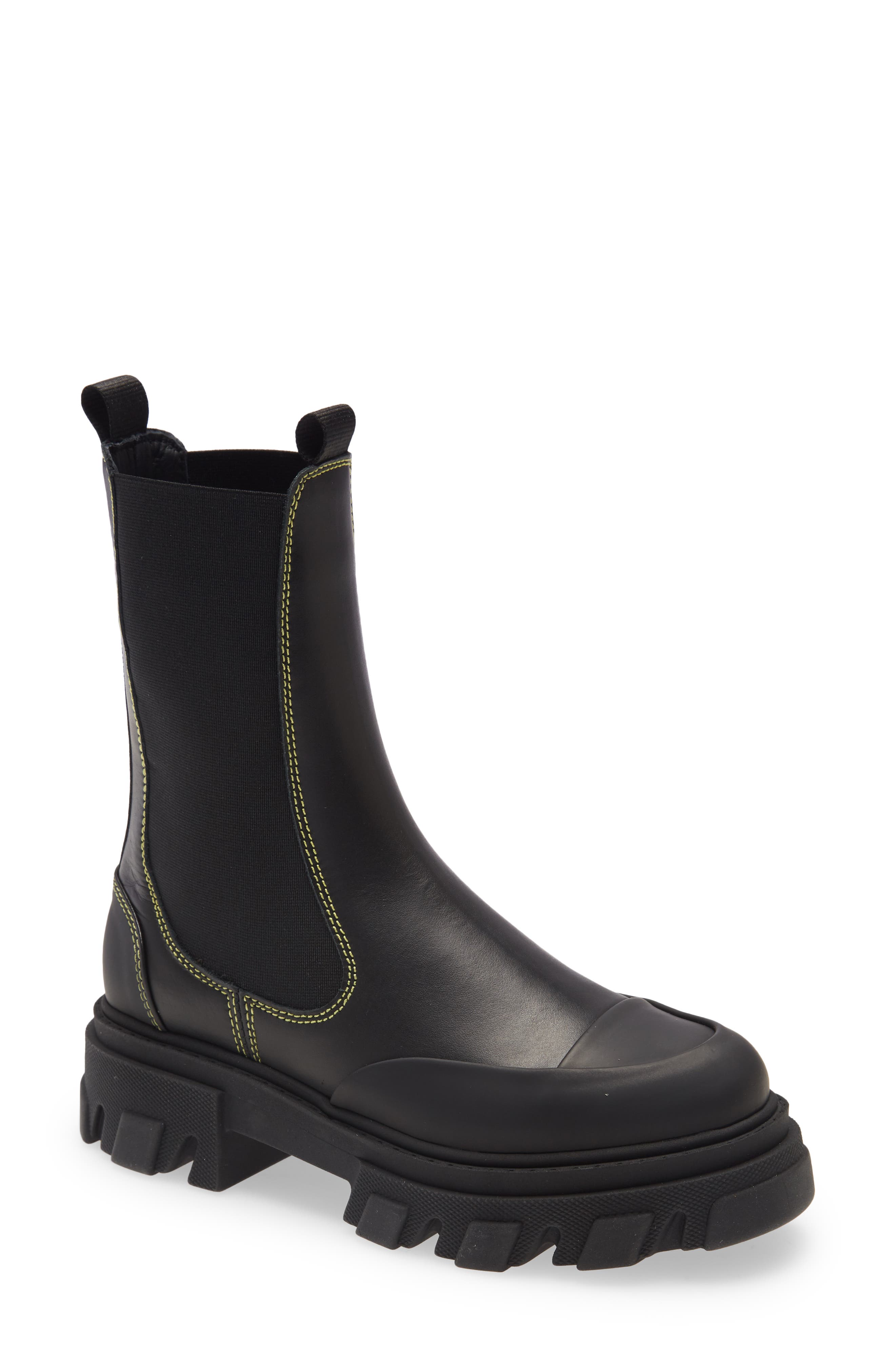 Calf Leather Mid Chelsea Boot, Main, color, BLACK/YELLOW/BLACK