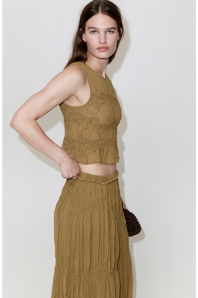 Beaded Shirred Mid Rise Tiered Maxi Skirt, Alternate, color, BROWN