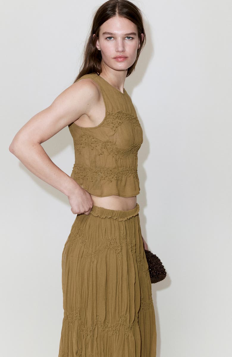 MANGO Beaded Shirred Mid Rise Tiered Maxi Skirt, Alternate, color, Brown