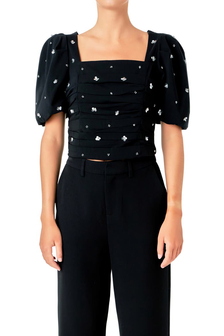 Sequin Floral Embellished Puff Sleeve Top, Alternate, color, BLACK