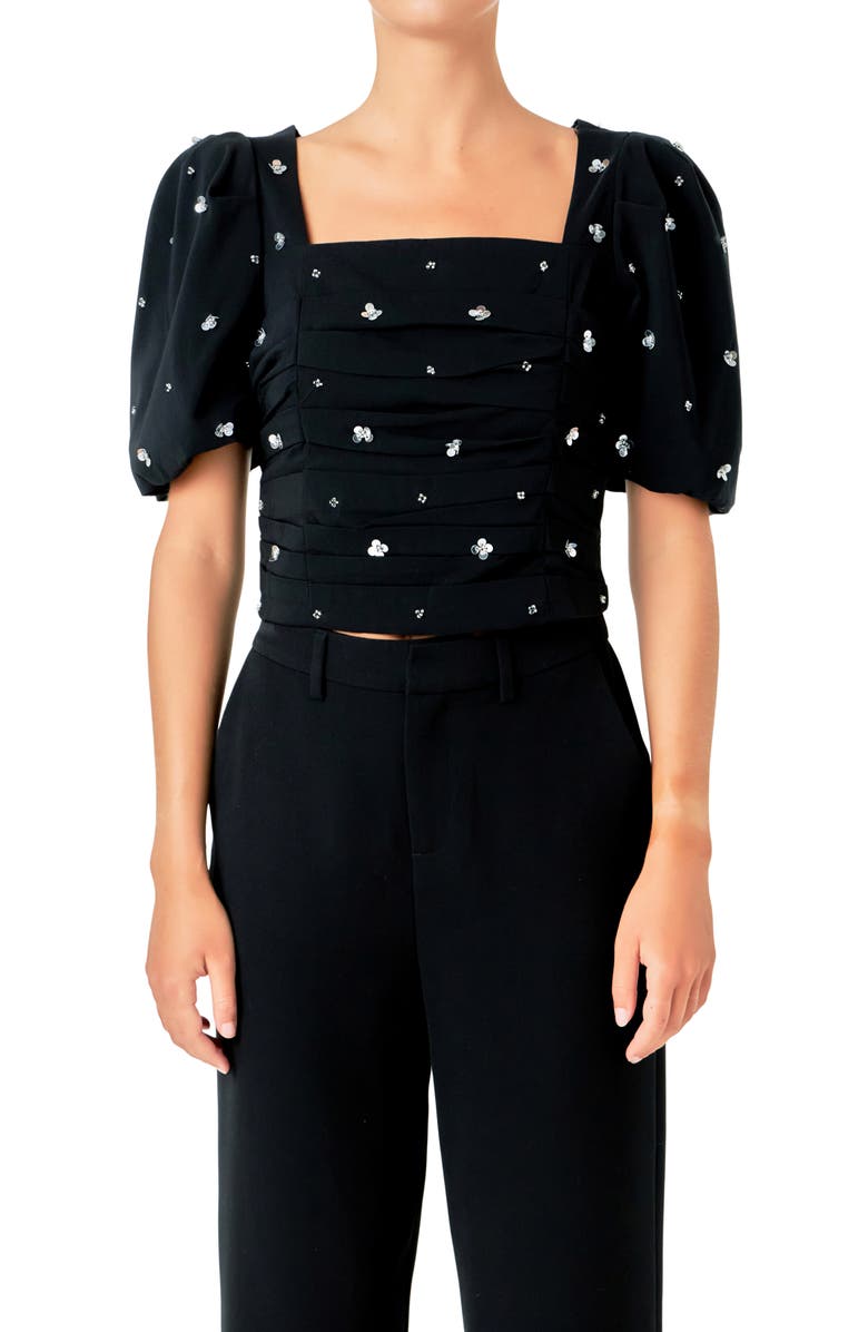 Endless Rose Sequin Floral Embellished Puff Sleeve Top, Alternate, color, Black