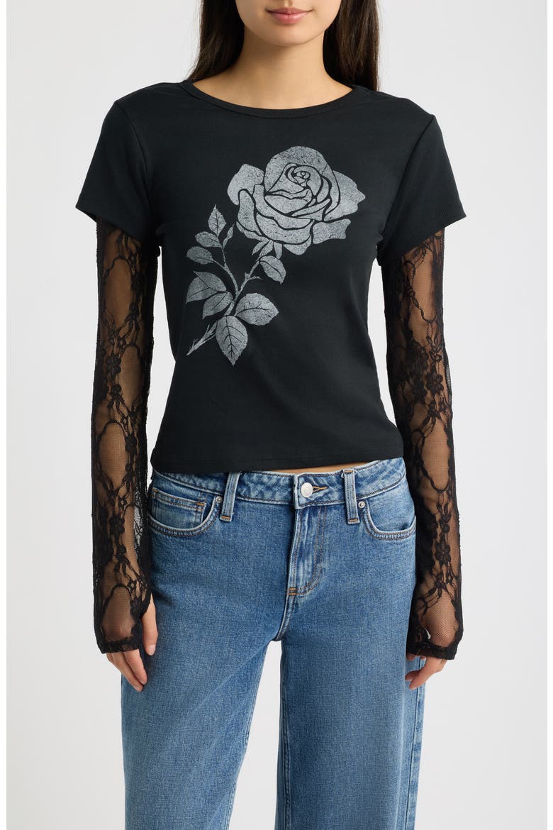 Rose Lace Layered Graphic Tee, Main, color, BLACK