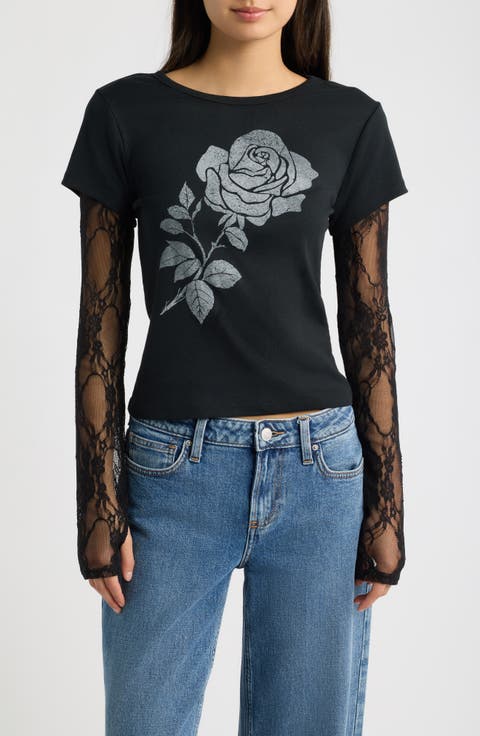 Rose Lace Layered Graphic Tee