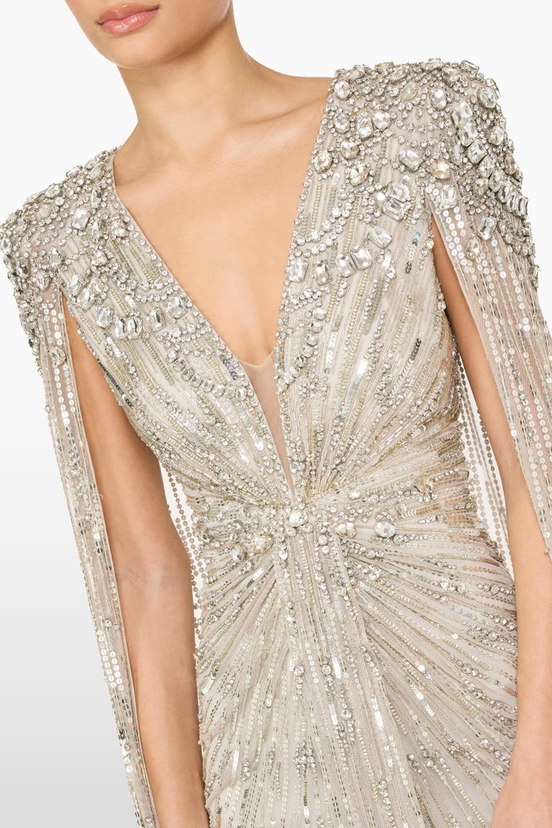 Lotus Lady Sequin-Embellished Cape Gown, Alternate, color, Platinum