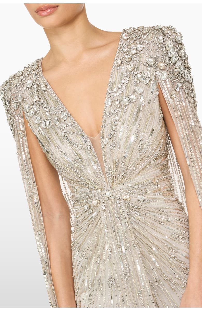 Jenny Packham Lotus Lady Sequin-Embellished Cape Gown, Alternate, color, Platinum