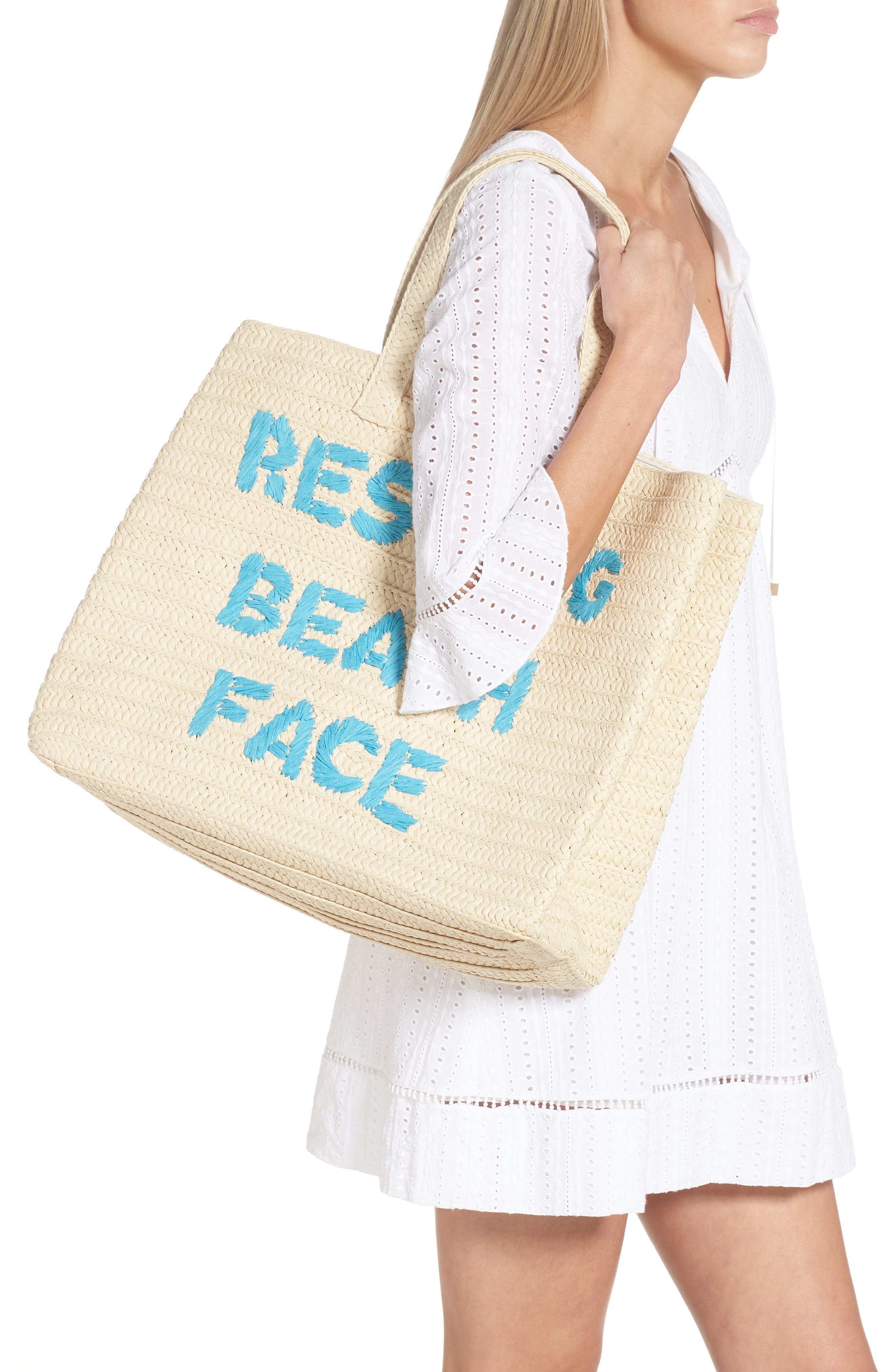 Resting Beach Face Straw Tote, Alternate, color, NATURAL/ TURQUOISE