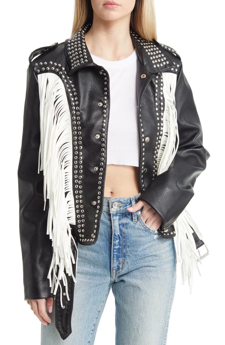 AZALEA WANG Beaded Fringe Detail Faux Leather Moto Jacket, Main, color, 