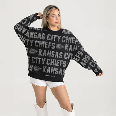 Women's Gameday Couture Black Kansas City Chiefs Relaxed Drop Shoulder Hype Era Rhinestone Text Sweatshirt