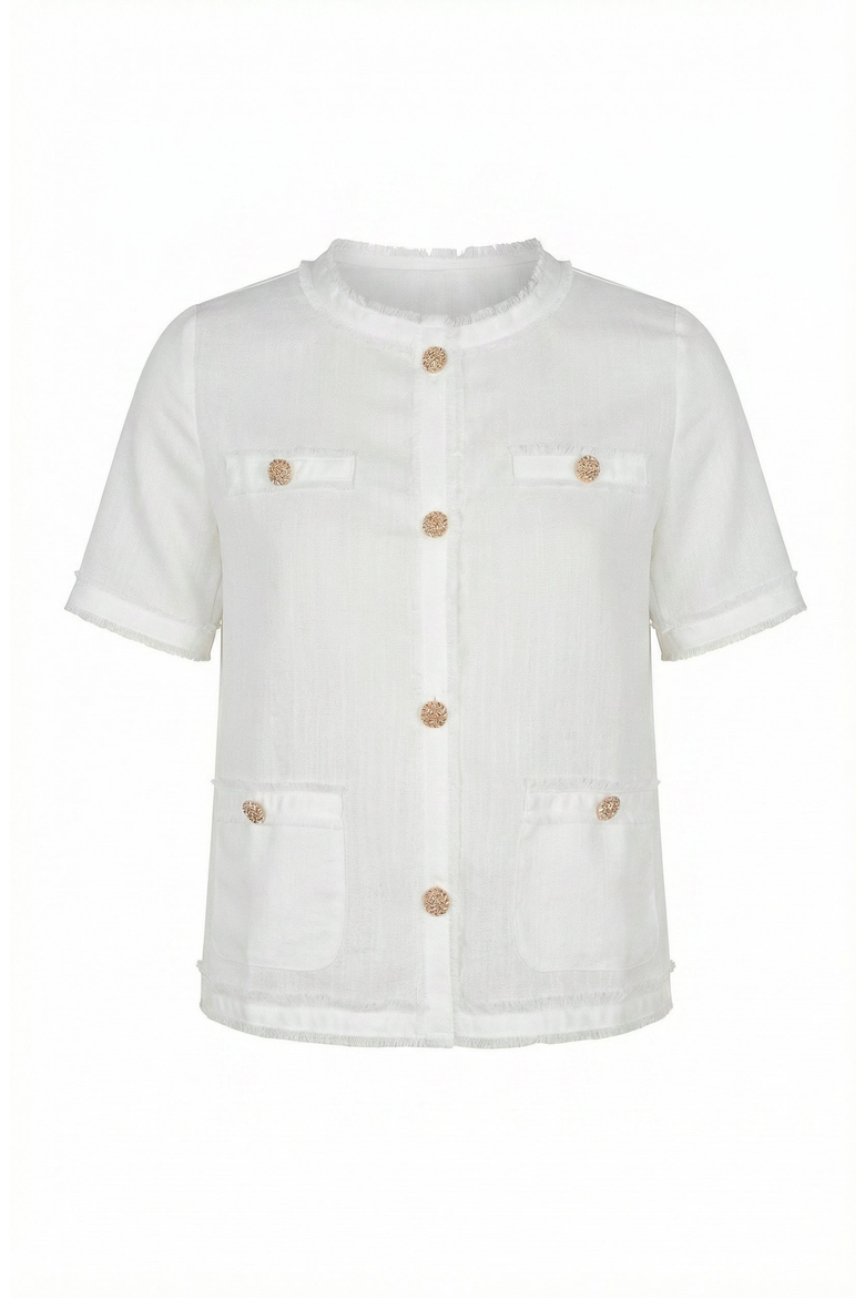 Textured Short Sleeve Frayed Trim Jacket, Alternate, color, Off-White