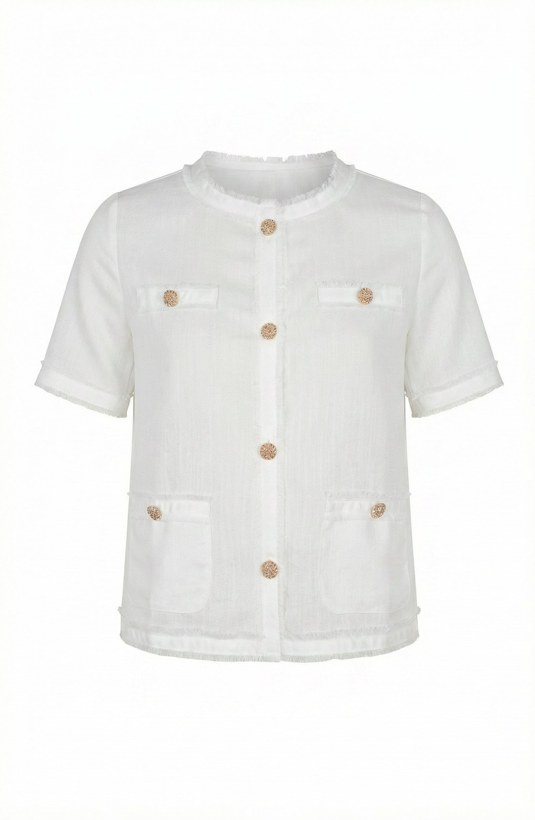 Modenaire Textured Short Sleeve Frayed Trim Jacket, Alternate, color, Off-White