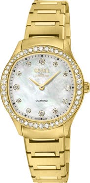 GEVRIL Morcote Crystal Mother-of-Pearl Dial Bracelet Watch, 30mm x 36mm
