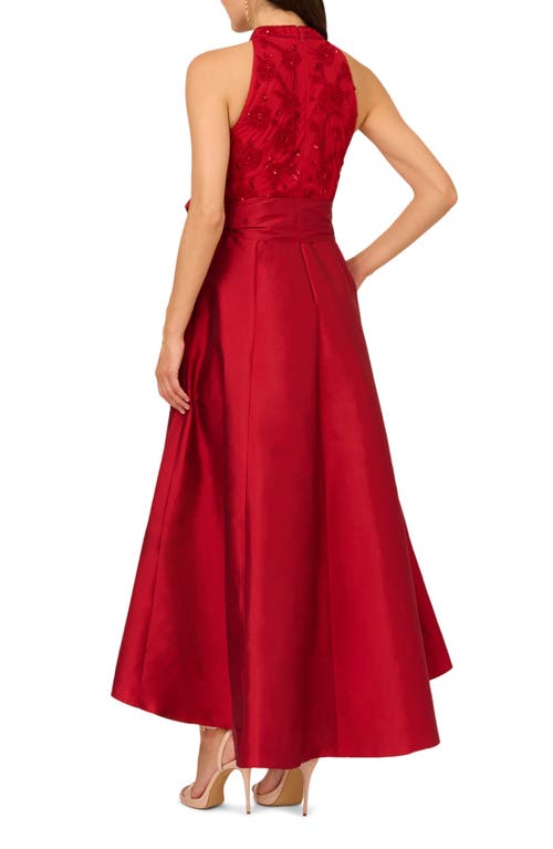 Adrianna Papell Floral Embroidered Beaded Taffeta High-low Gown In Red