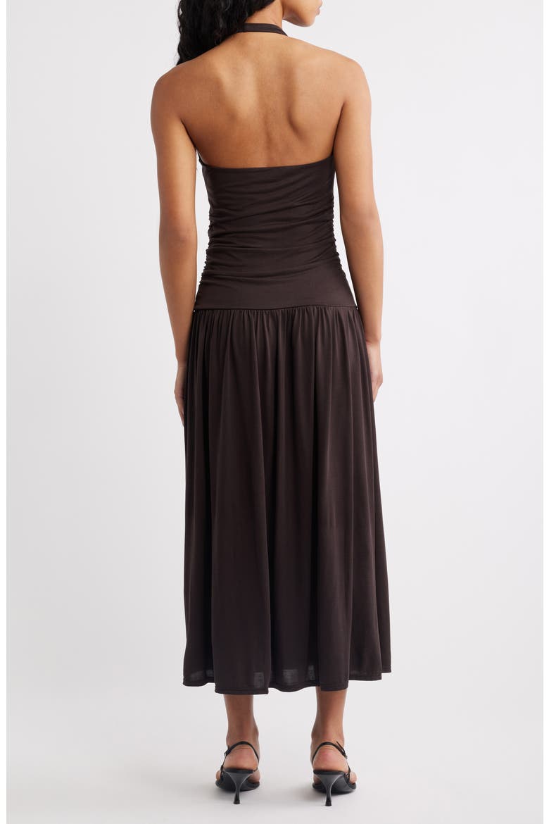 Osana Ruched Drop Waist Halter Midi Dress, Alternate, color, BROWN
