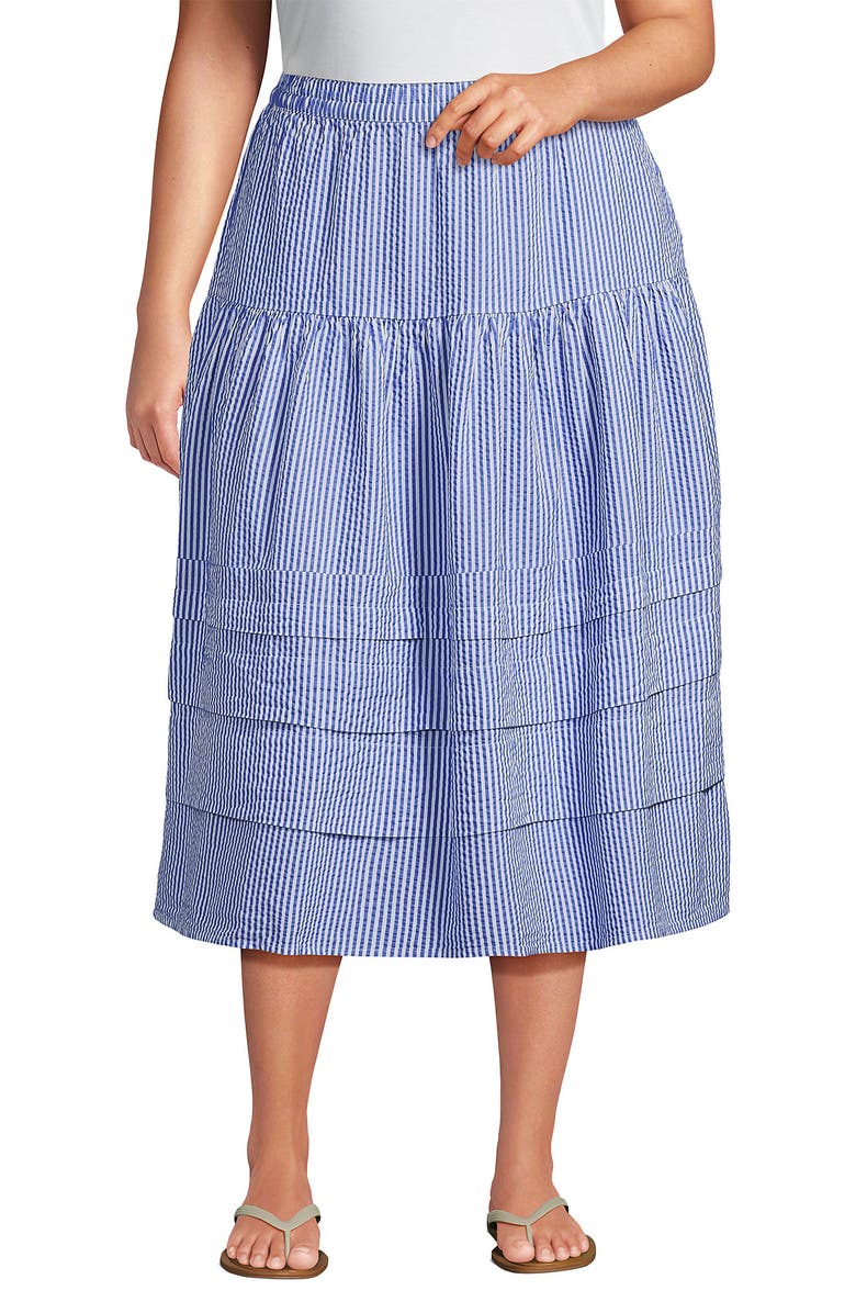 Lands' End Seersucker Pull On Midi Skirt, Main, color, Clear Blue/White Stripe