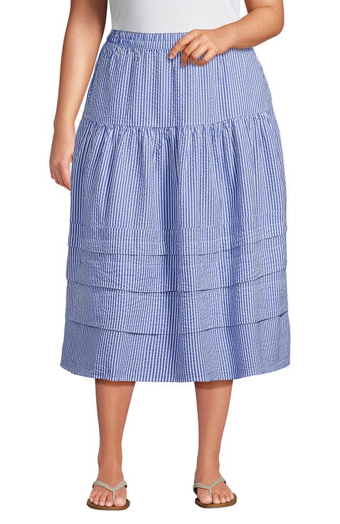 Seersucker Pull On Midi Skirt