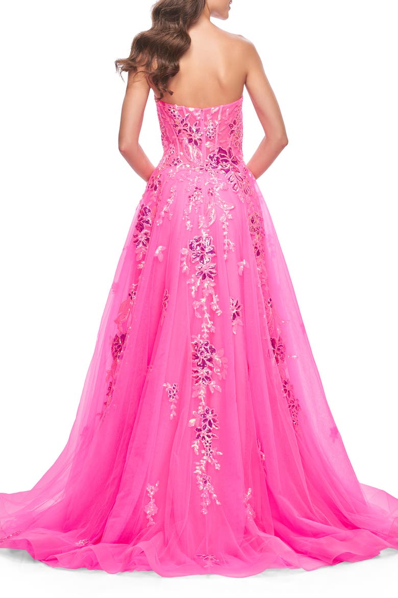 Strapless Tulle A-Line Dress with Sequin Floral Applique, Alternate, color, Neon Pink