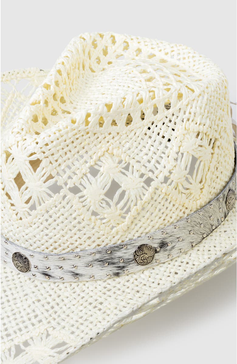 Manela Twister Annie  Handwoven Straw Sun Hat - Bohemian Summer Cowboy Hat, Alternate, color, White  / Gray