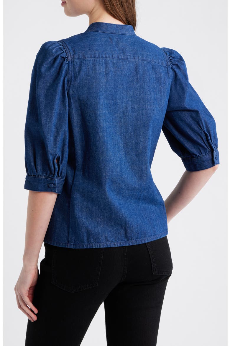 Denim Puff-Sleeve Band-Collar Shirt, Alternate, color, PLUMVILLE WASH