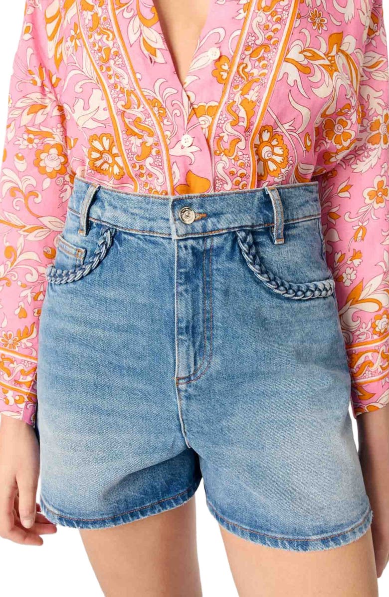 maje Denim shorts with braided trim, Alternate, color, 