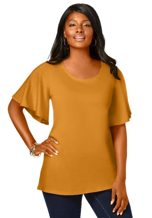Jessica London Stretch Knit Flutter Sleeve Tunic In Gold