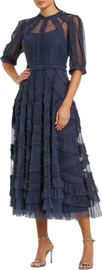 formal long wrap dress Bead Sheer Bodice Mesh A-line Long Dress Sheer Puff Sleeves GLGL3497 main image 0