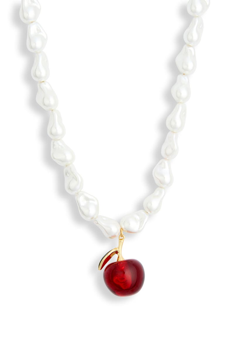 Cherry Pendant Imitation Pearl Necklace, Main, color, PEARL