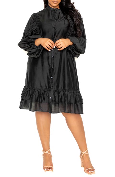 Band Collar Long Sleeve Shirtdress (Plus Size)