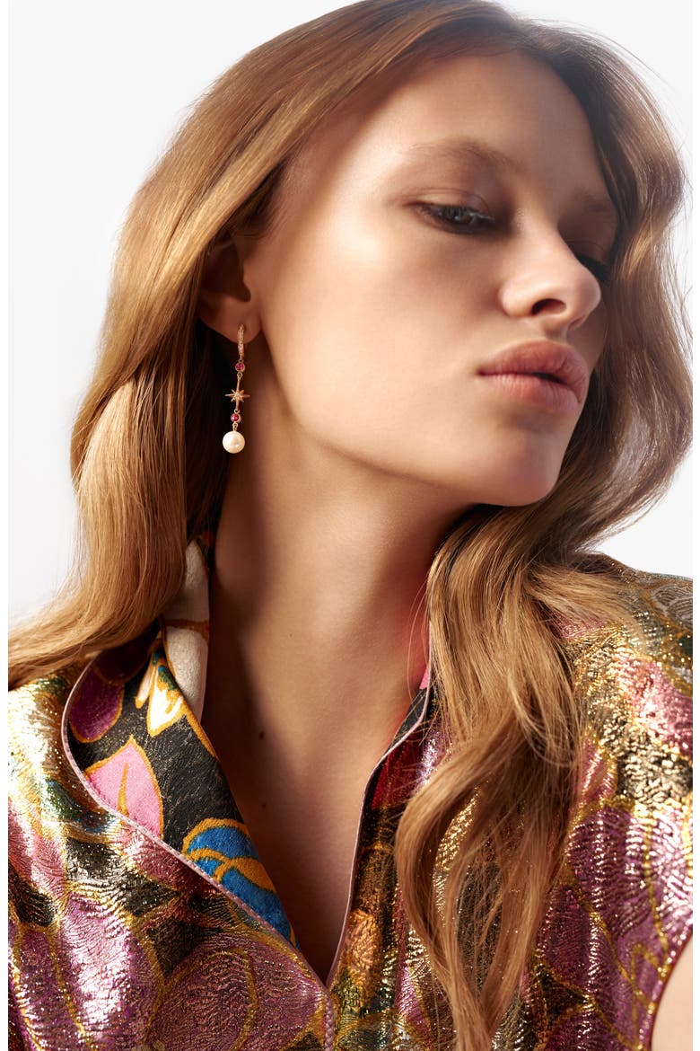 Elixir Single Linear Pearl, Diamond & Stone Drop Earring, Alternate, color, YELLOW GOLD
