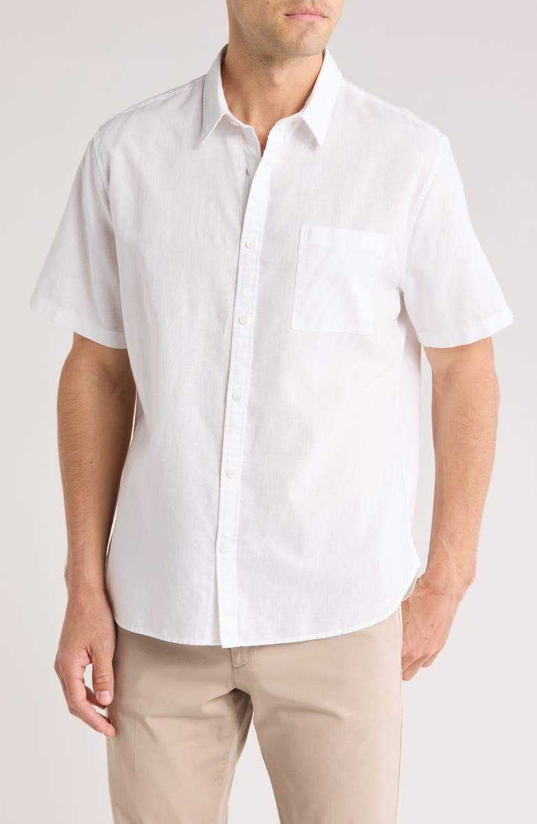 Vince Classic Fit Short Sleeve Linen Blend Button-Up Shirt, Main, color, Optic White