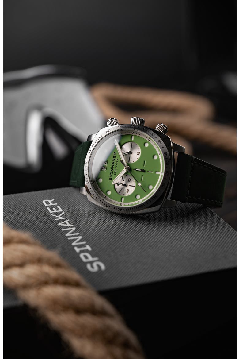 Hull Chronograph Leather Strap Watch, 42mm, Alternate, color, GREEN