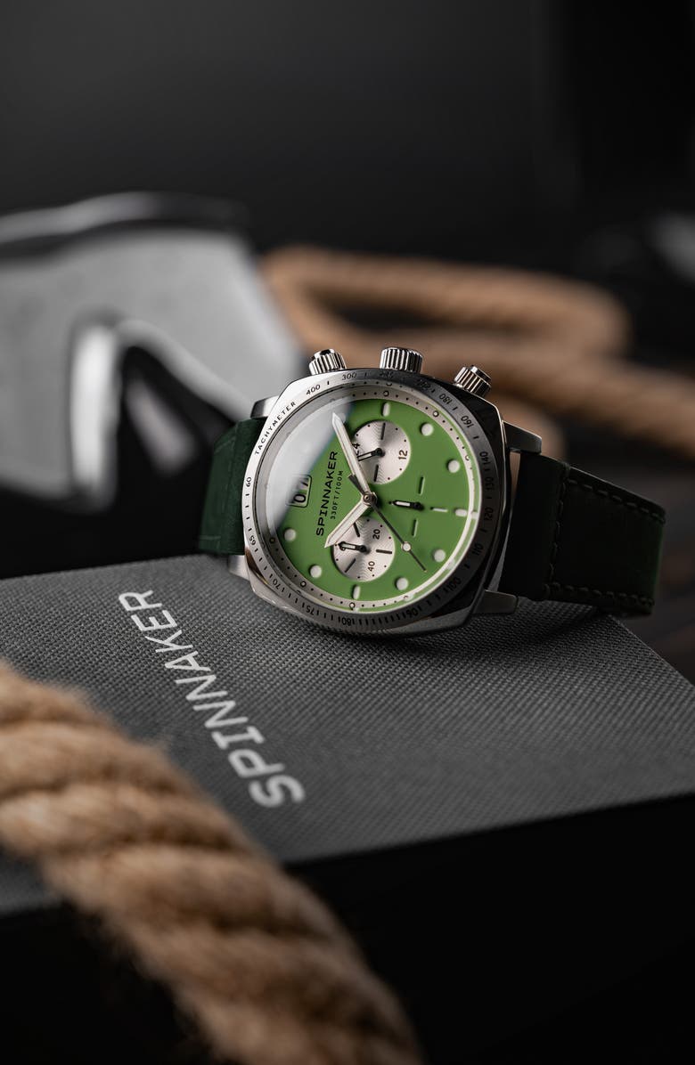 SPINNAKER Hull Chronograph Leather Strap Watch, 42mm, Alternate, color, Green