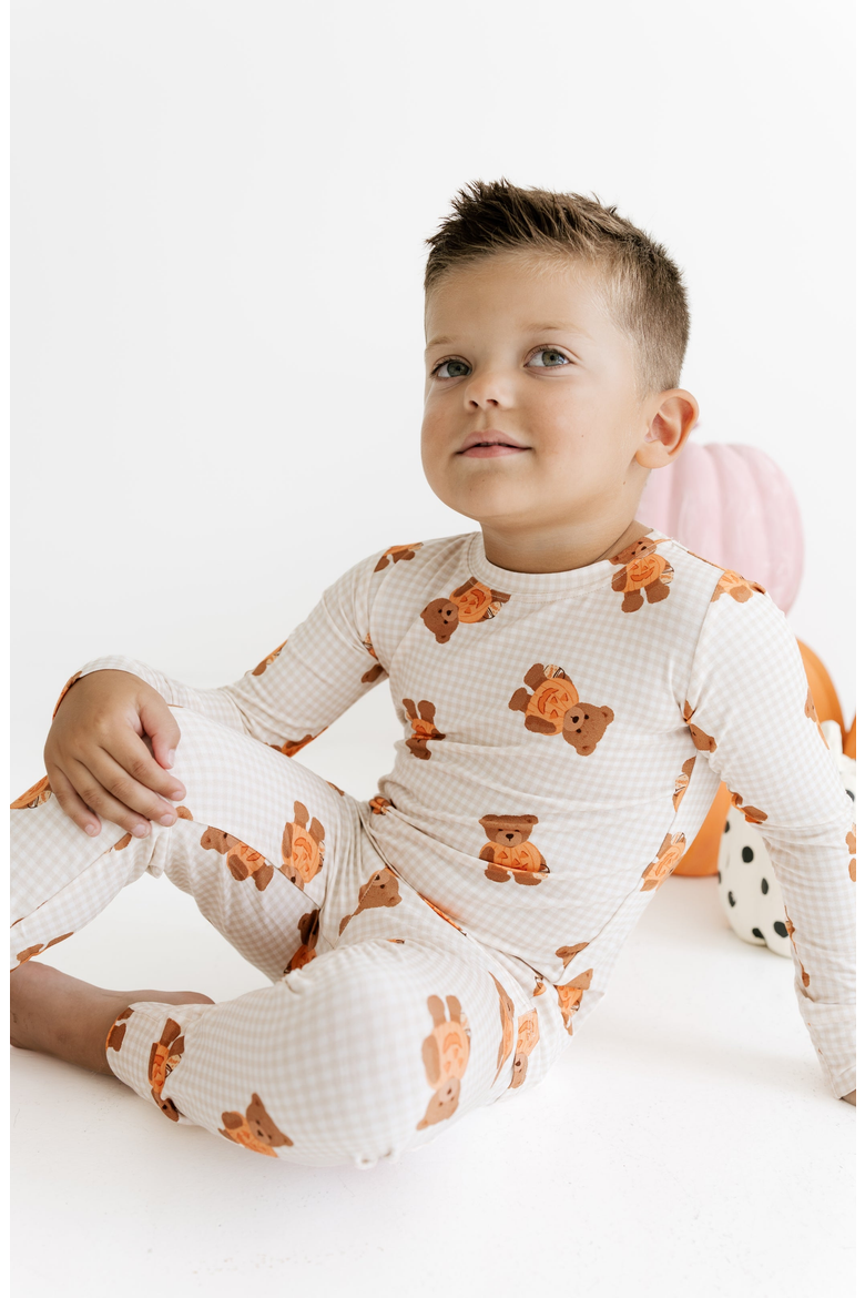 Gingham Little Boo Bear Two Piece Pajama Set, Alternate, color, Tan / Cream