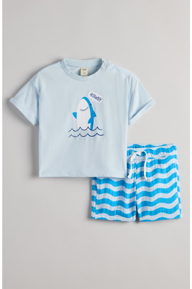 Graphic Cotton T-Shirt & Shorts Set, Main, color, BLUE HOWDY- BLUE WAVY STRIPE